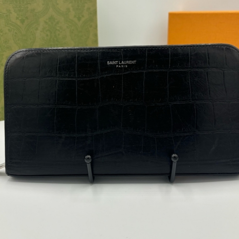 Yves Saint Laurent YSL Black Crocodile Embossed Leather Zip Around Wallet
